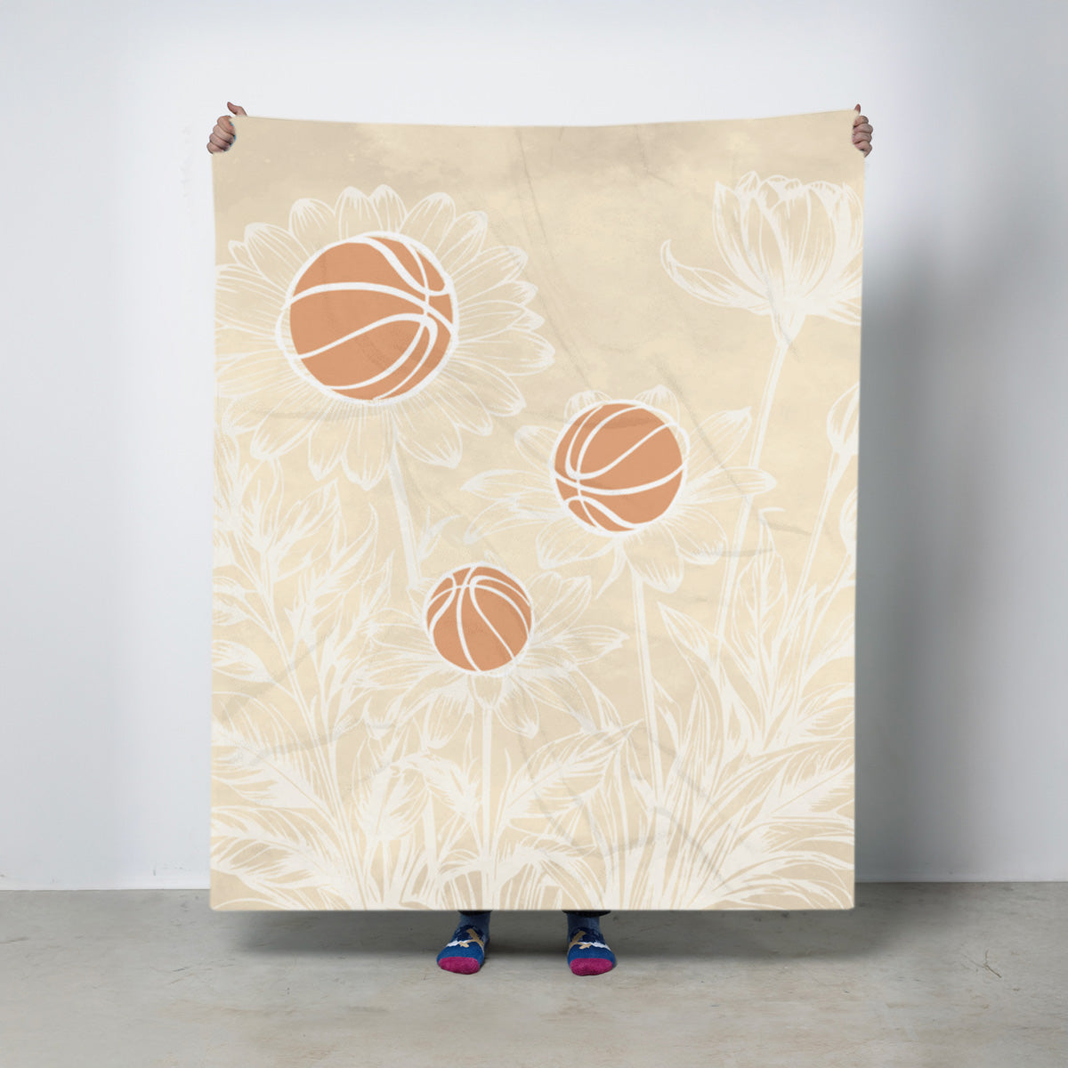 Basketball and flower patterned fleece blanket