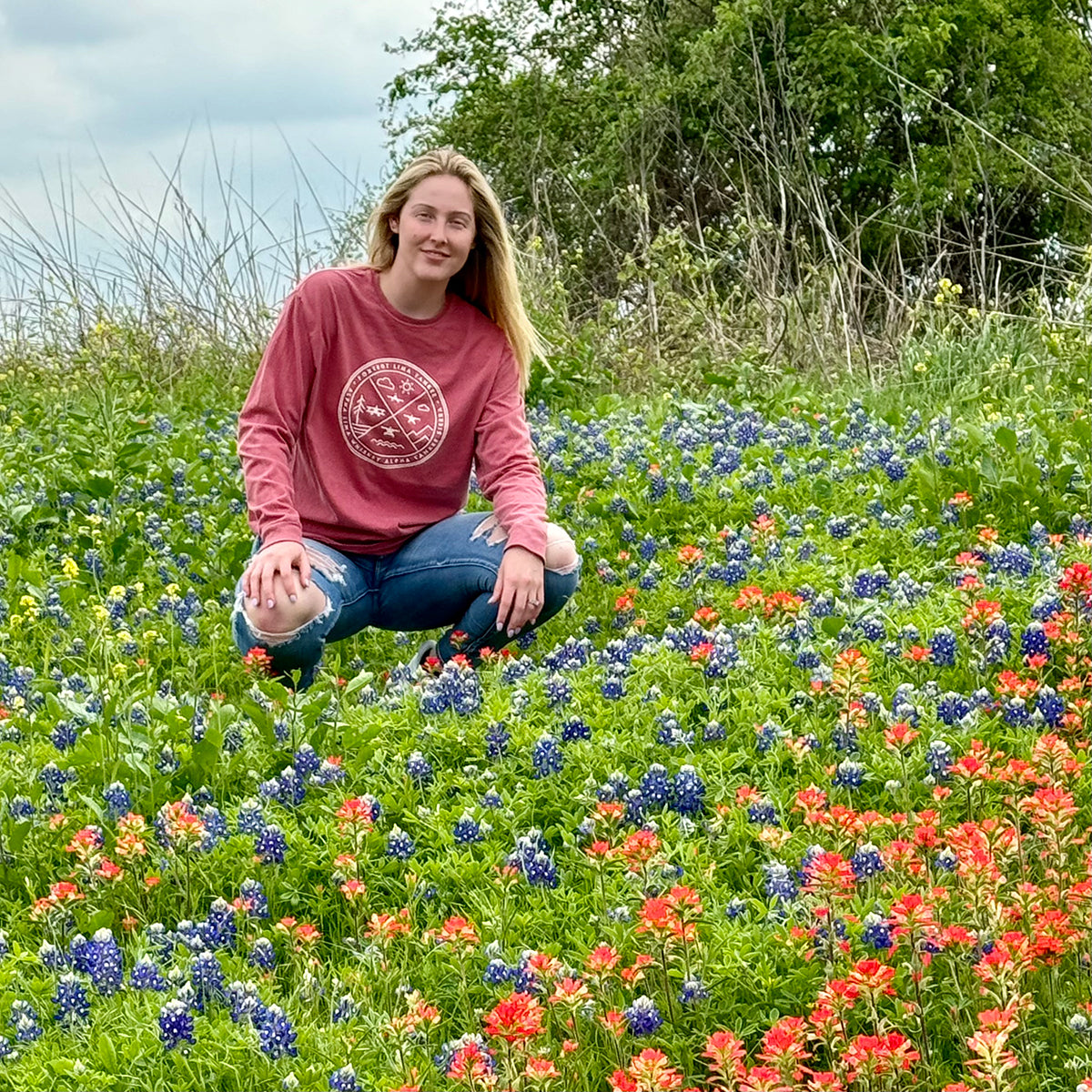 Long sleeve t-shirt with biplane, float plane, high wing airplane, low wing airplane, Fly Always in bluebonnets