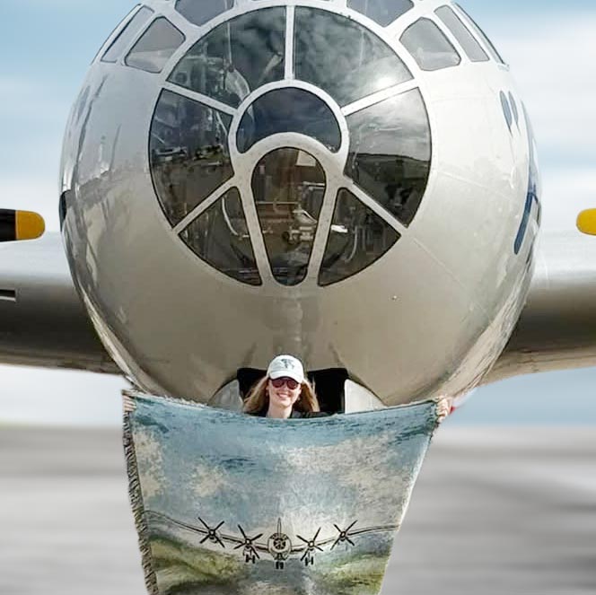 Woven B-29 aviation blanket displayed with the historic DOC and FIFI B-29 Superfortresses, honoring World War II aviation history and warbird enthusiasts.