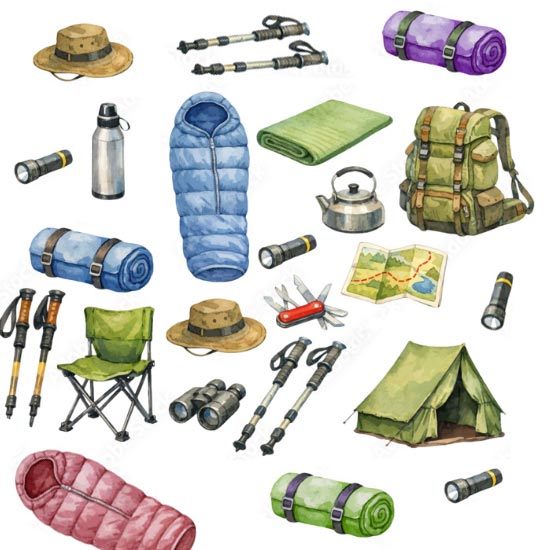 Camping gear including tent, chair, sleeping bag, and essentials for AirVenture Oshkosh camping checklist.