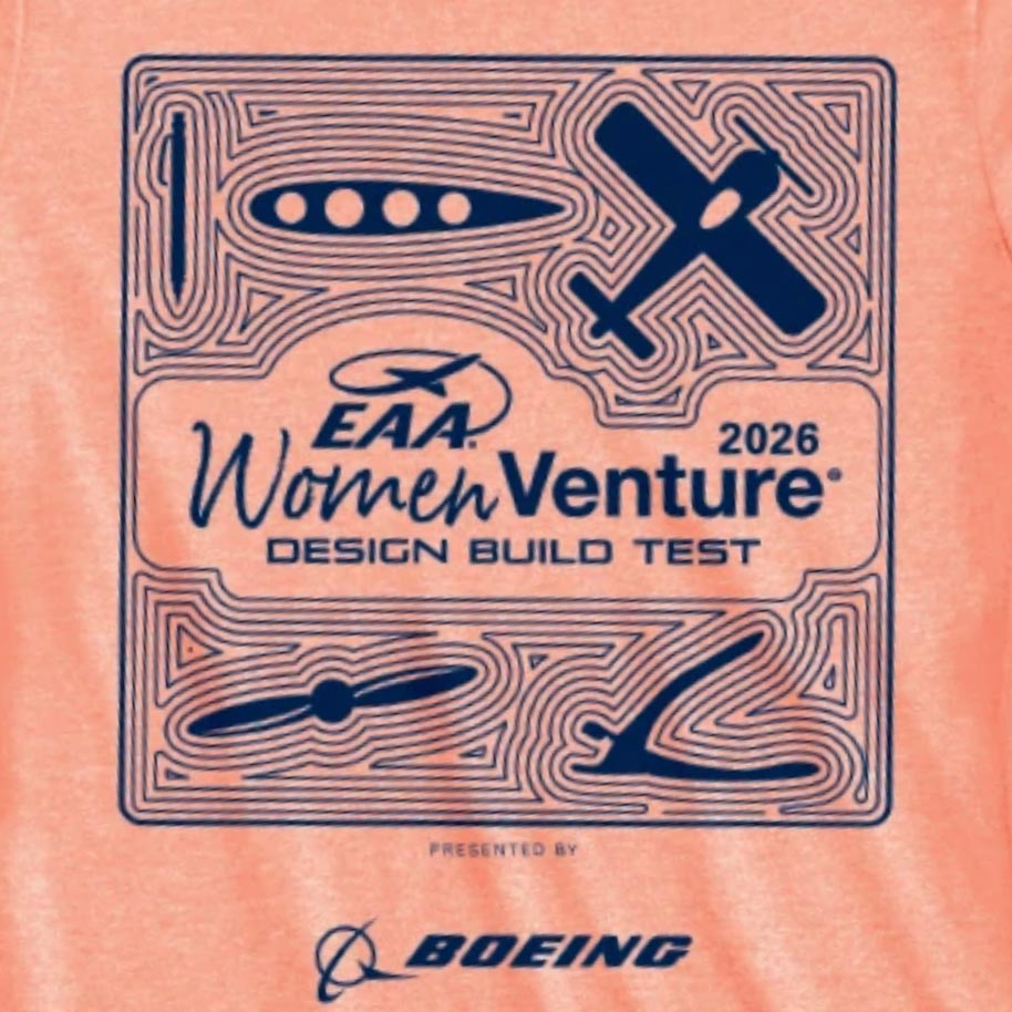 EAA WomenVenture 2026 aviation T-shirt design featuring flowing motion-inspired artwork symbolizing the design-build-test process and women in aviation.
