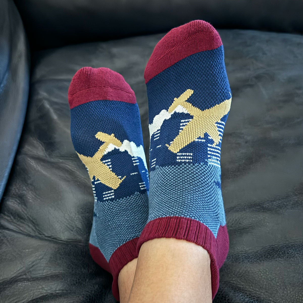 Performance aviation ankle socks with airplane and runway designs