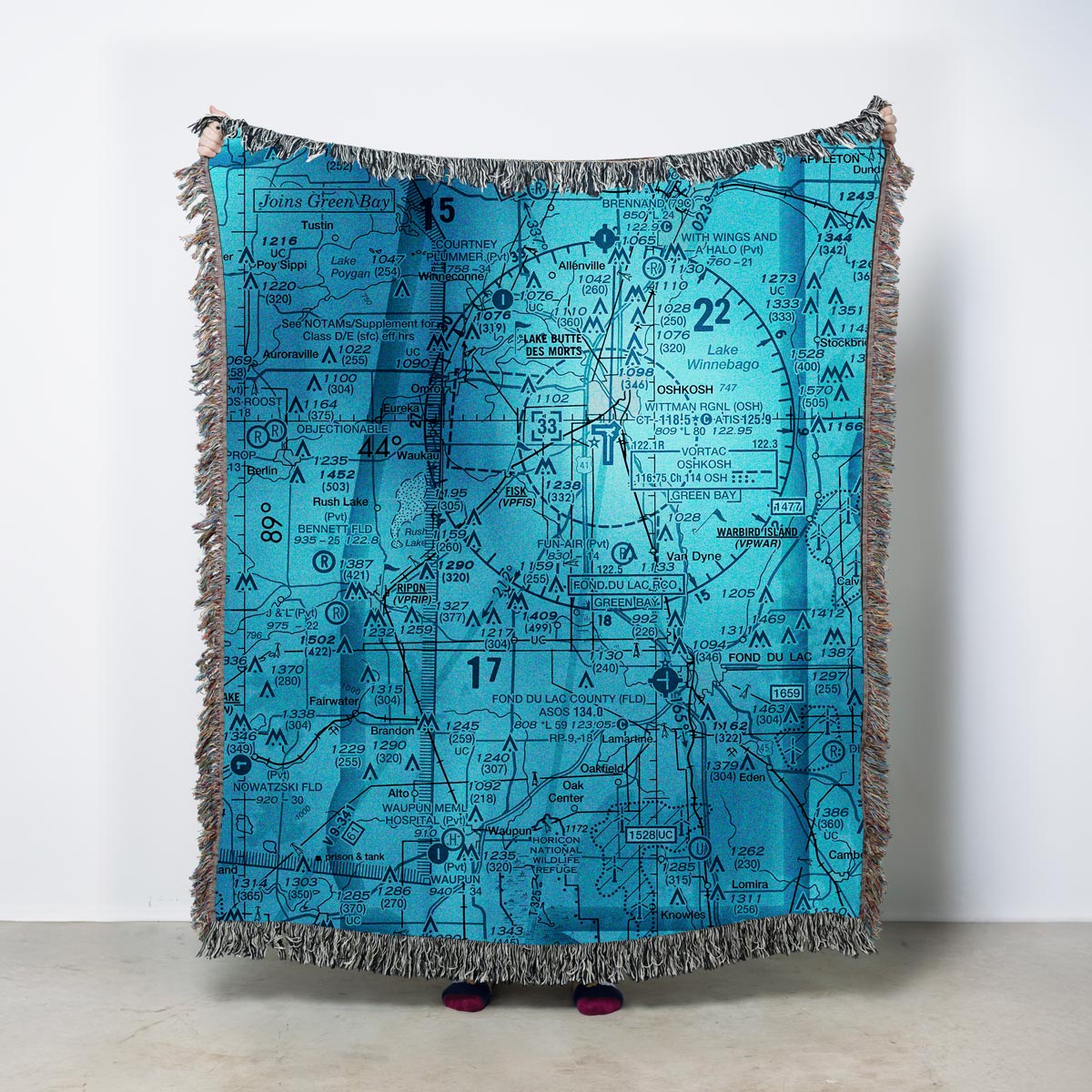 FAA sectional chart aviation blanket featuring detailed aeronautical map design, pilot-inspired throw blanket showcasing real VFR navigation chart artwork, Barking Pixel aviation keepsake blanket styled as wall-ready aviation decor for home or hangar.