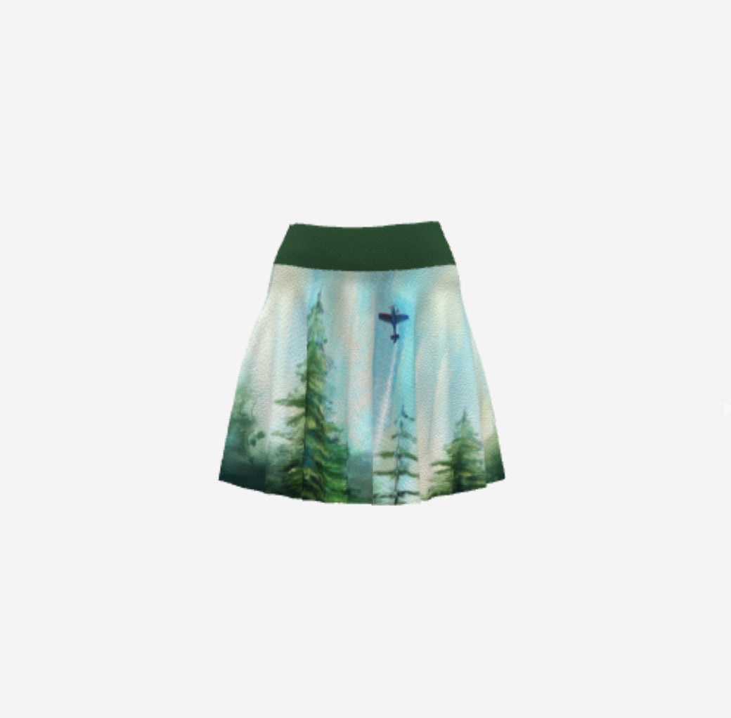 Aviation-themed skater skirt featuring airplane-inspired print design, stylish and feminine aviation fashion apparel for everyday wear.