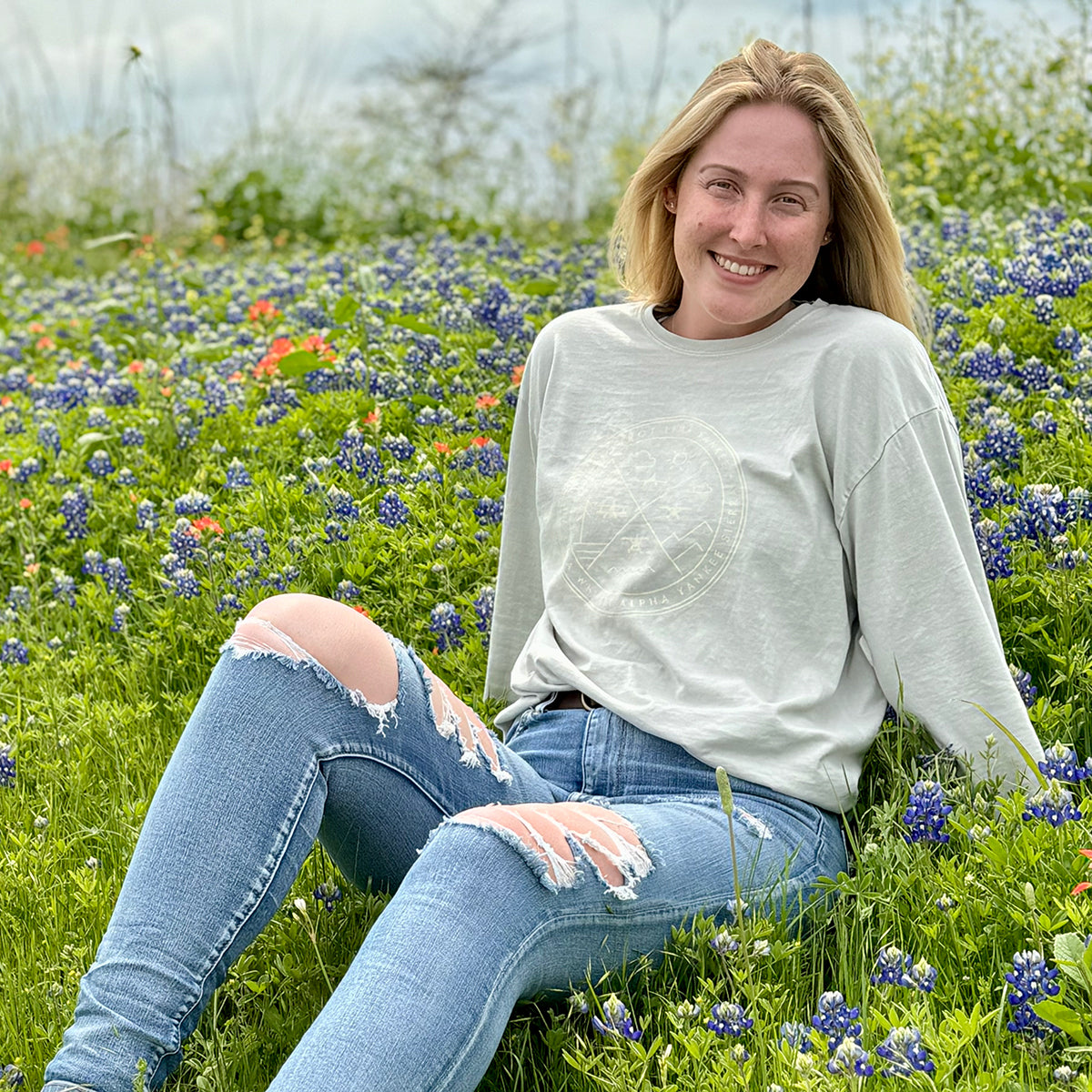 Long sleeve t-shirt with biplane, float plane, high wing airplane, low wing airplane, Fly Always in bluebonnets