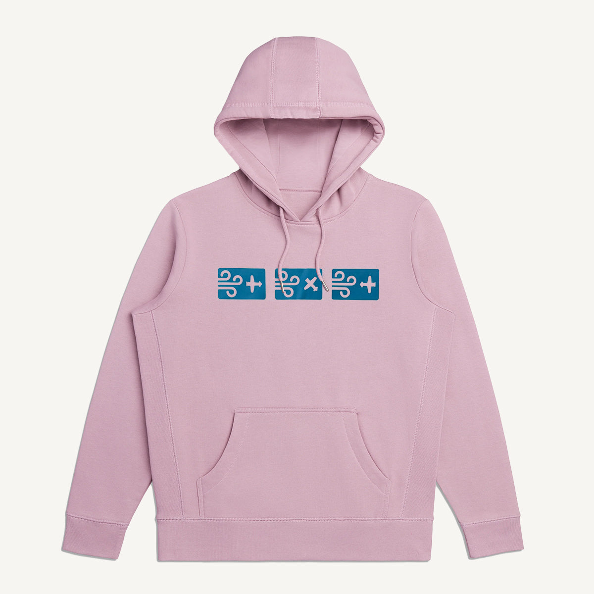 Mauve hoodie with a blue logo
