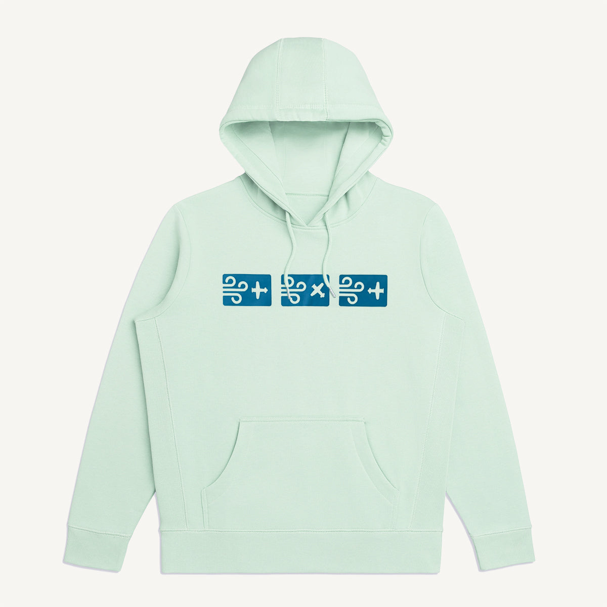 Light gray green hoodie with a blue graphic on front