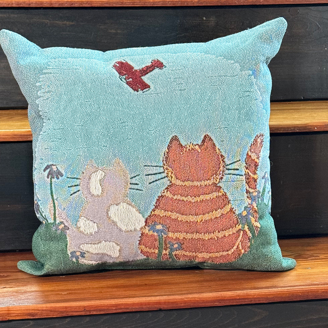 Woven throw pillow with two cats aerobatic plane