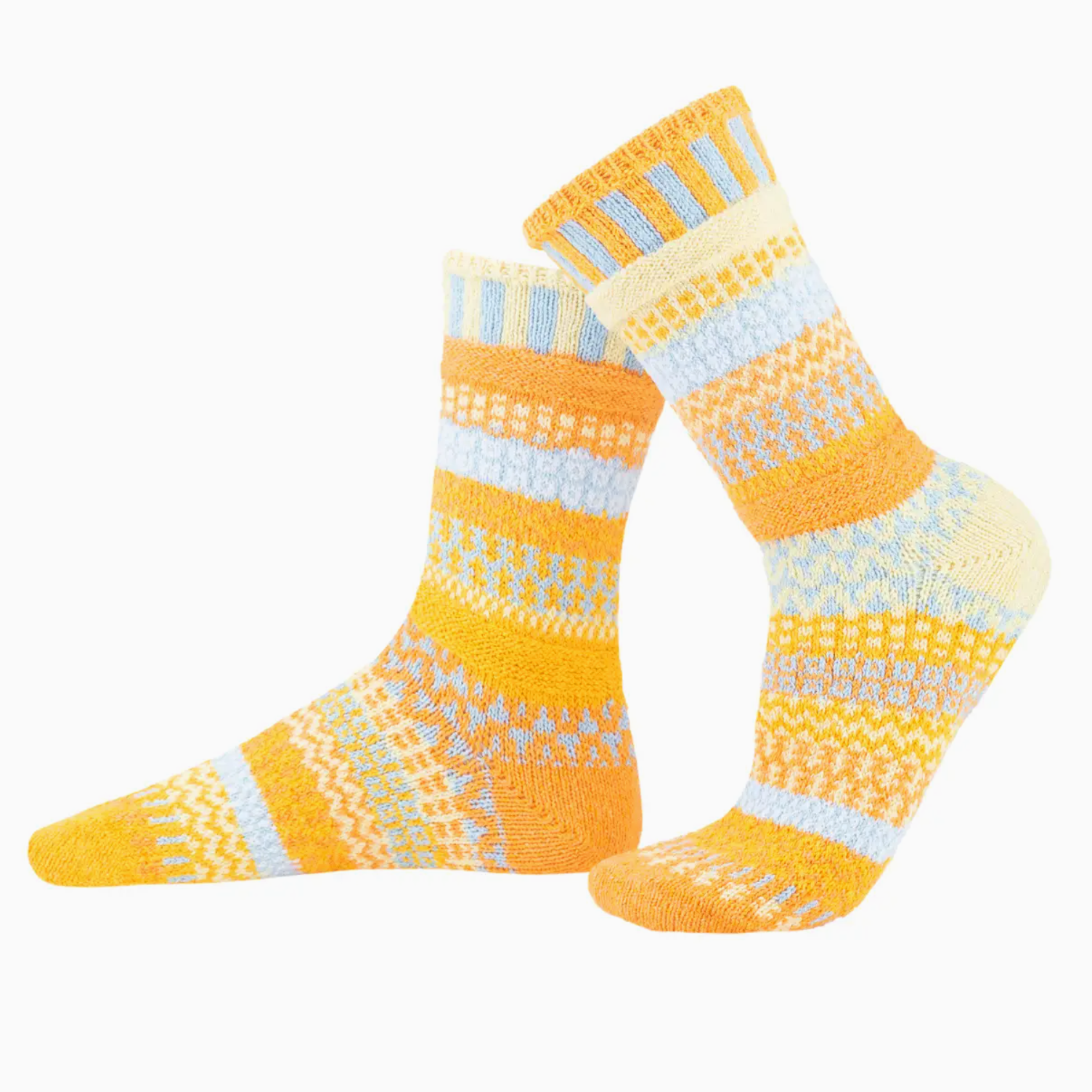Pair of yellow and blue patterned crew socks
