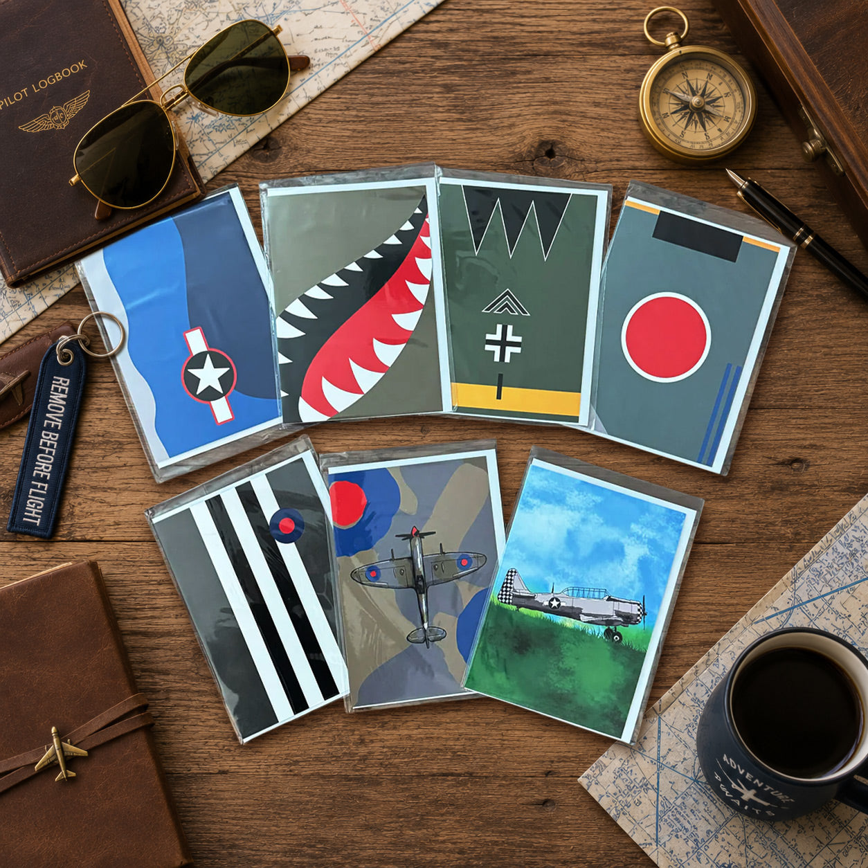Aviation greeting card set of seven cards representing airplane paint schemes and WWII airplanes