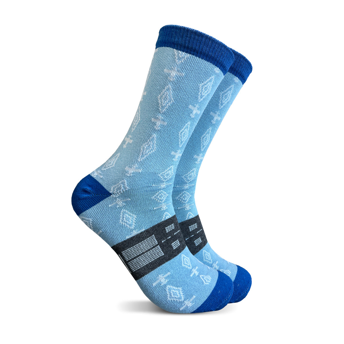 Light blue crew dress sock with airplane and diamond pattern