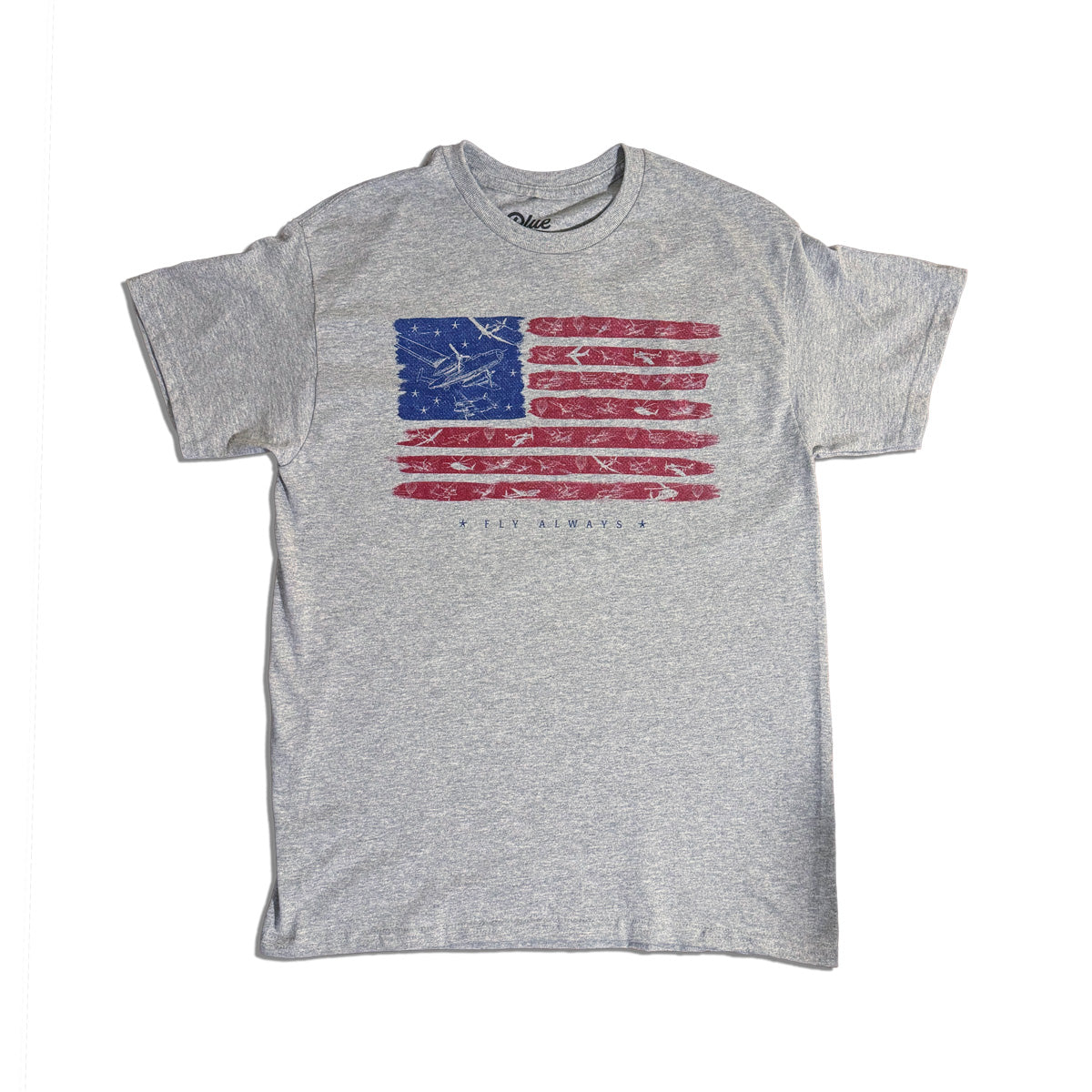 Gray t-shirt with American flag design with airplanes to celebrate America's 250th anniversary