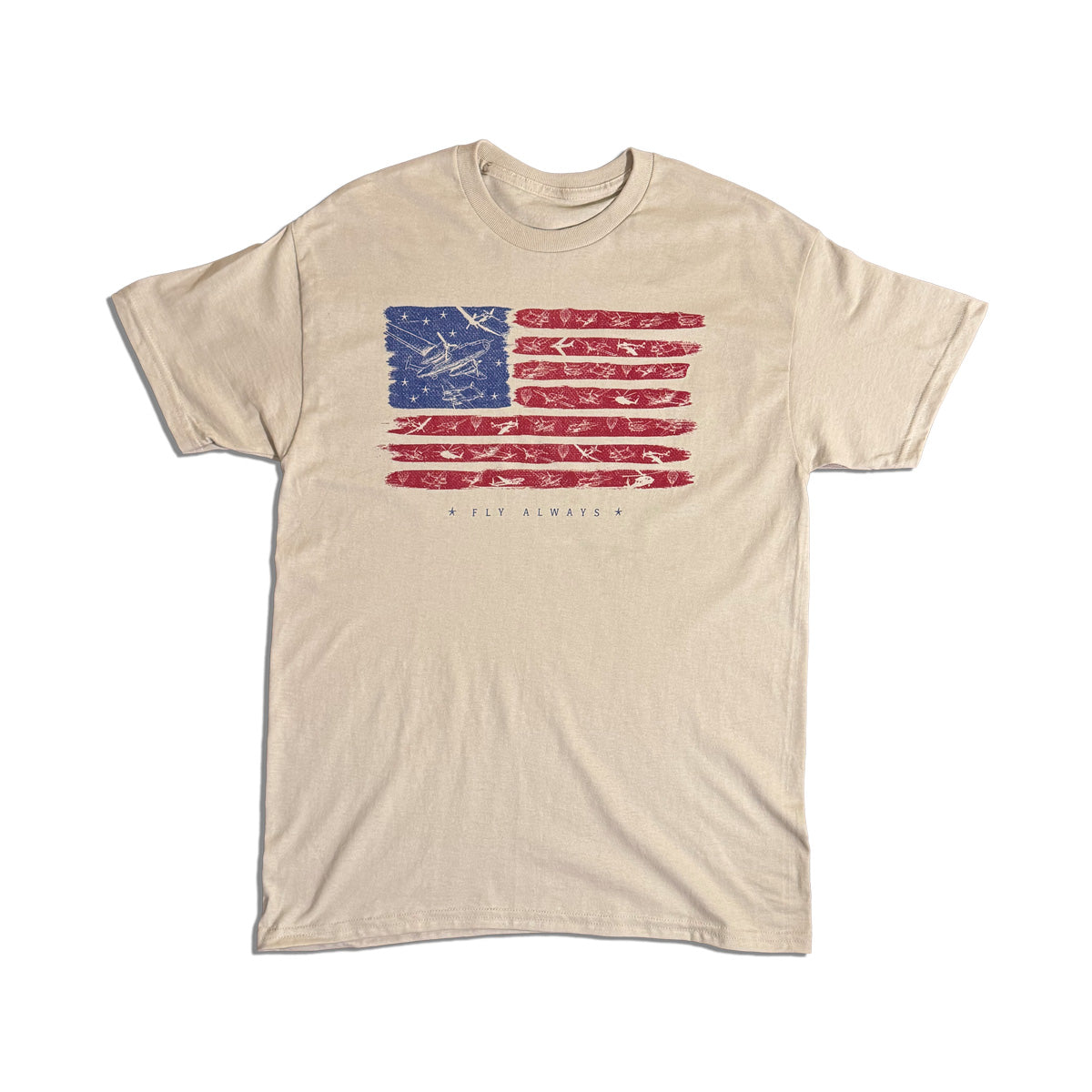 Beige t-shirt with America 250 flag design with airplanes on a white background