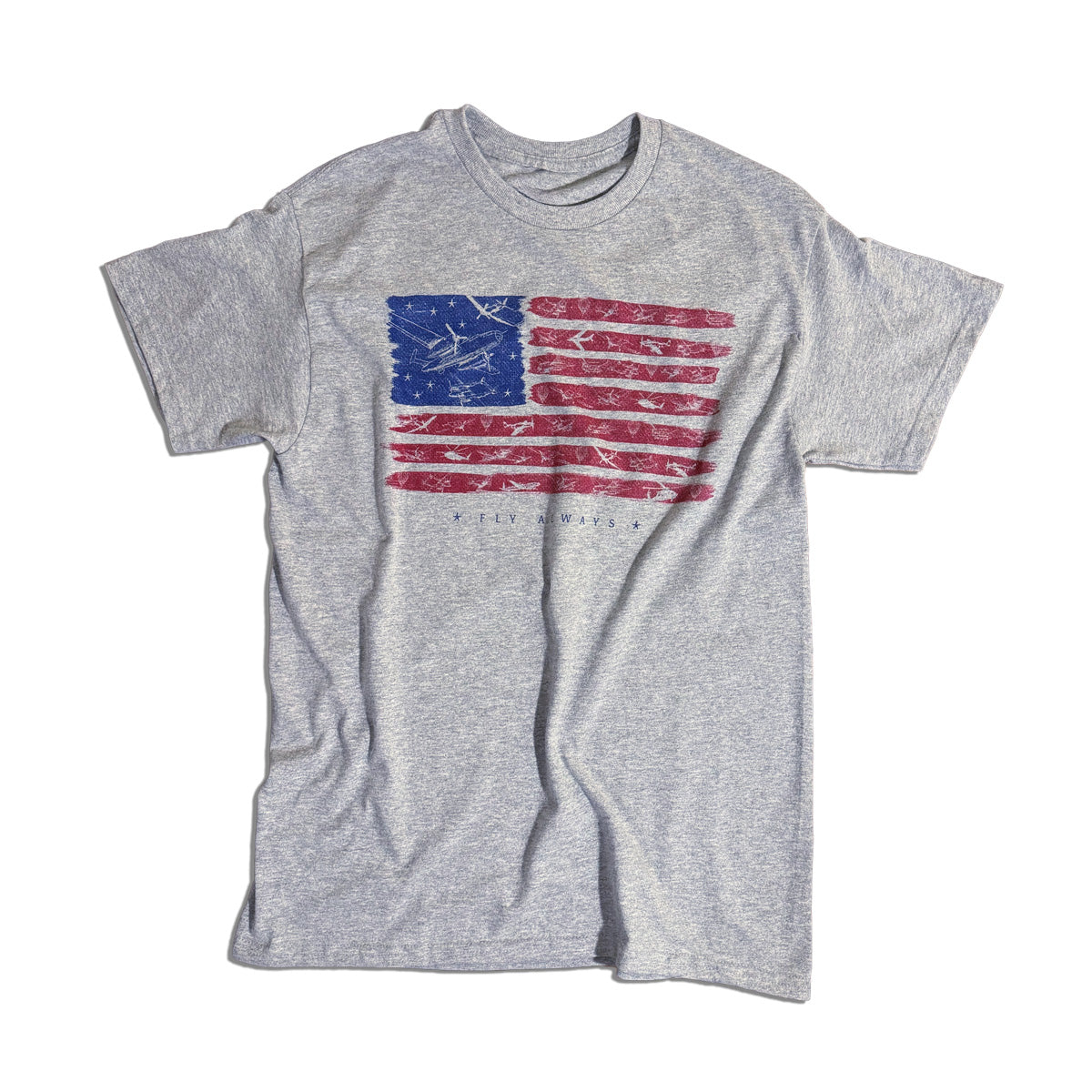 Gray t-shirt with American flag with airplanes celebrating America's 250th anniversary