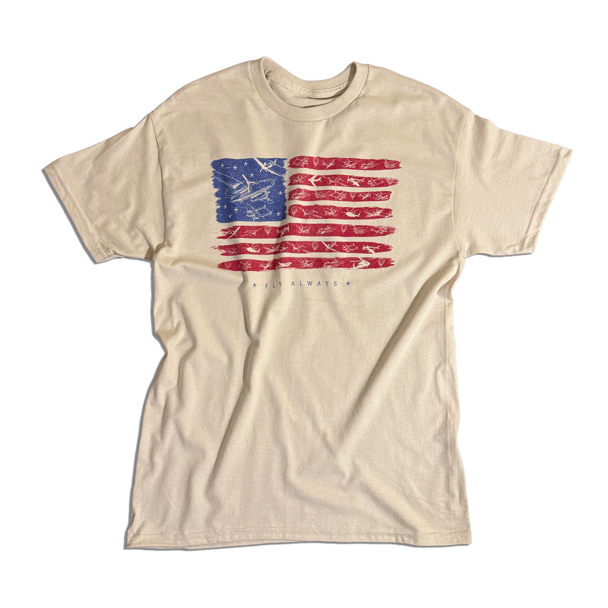 Sand colored t-shirt with American flag with airplanes celebrating America's 250th anniversary
