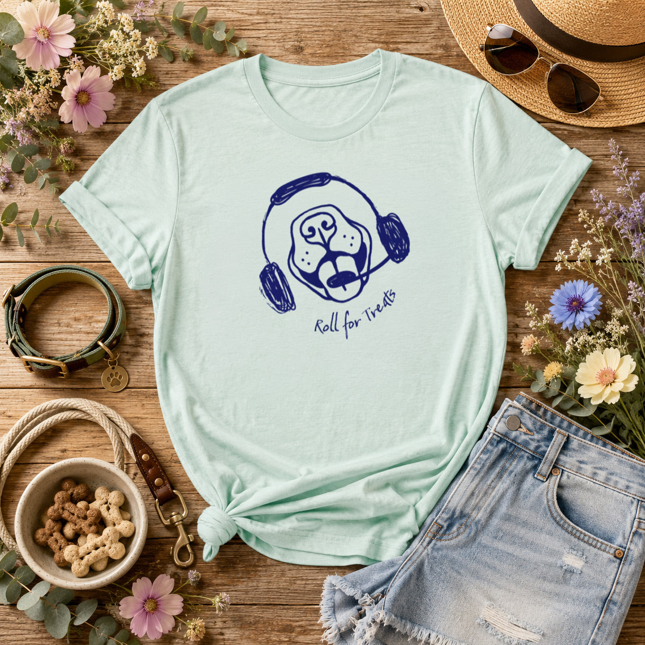 Light green t-shirt with a dog graphic and aviation headsets gift for pilot and aviation enthusiasts