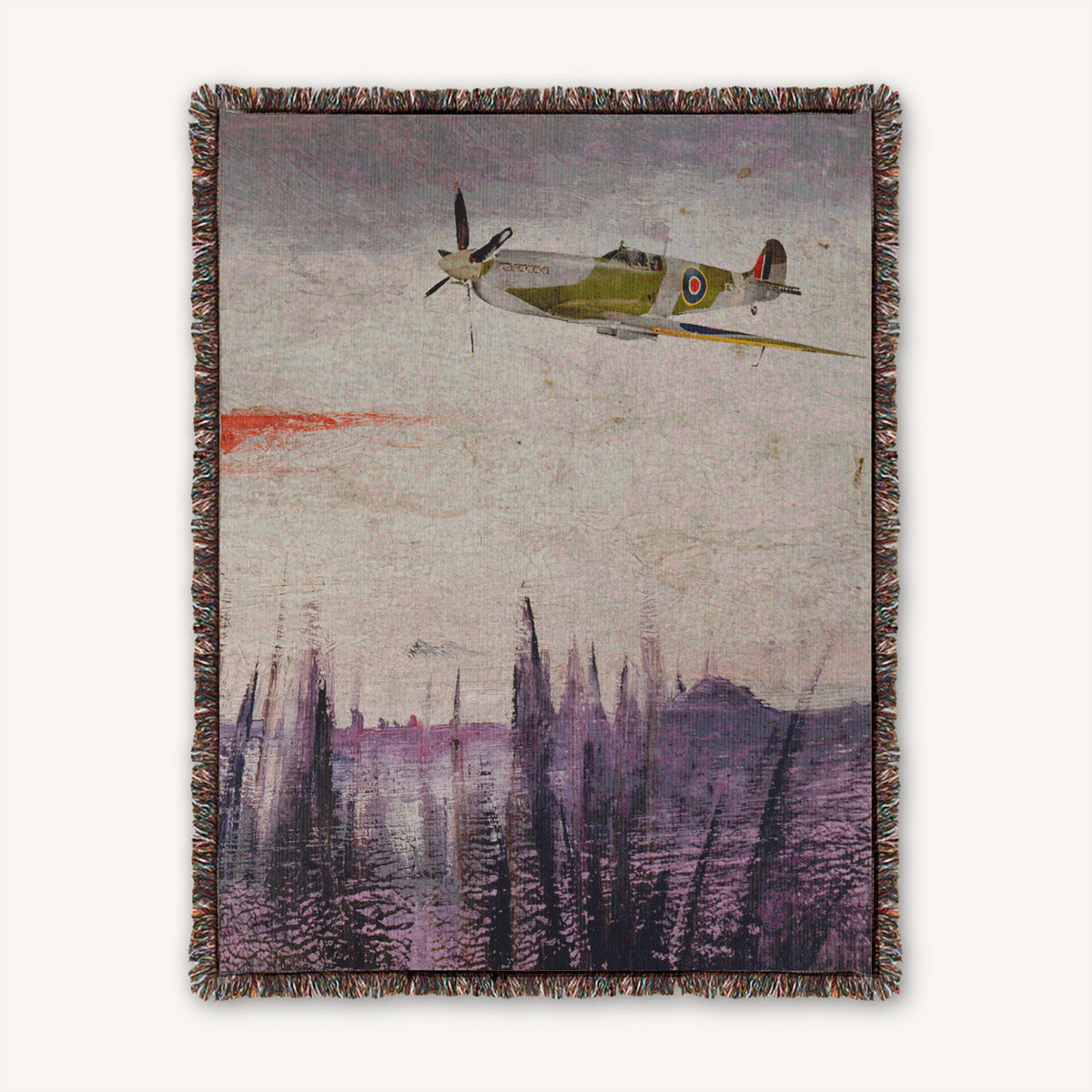 100% Cotton woven throw blanket WWII warbird Supermarine Spitfire flying over marsh