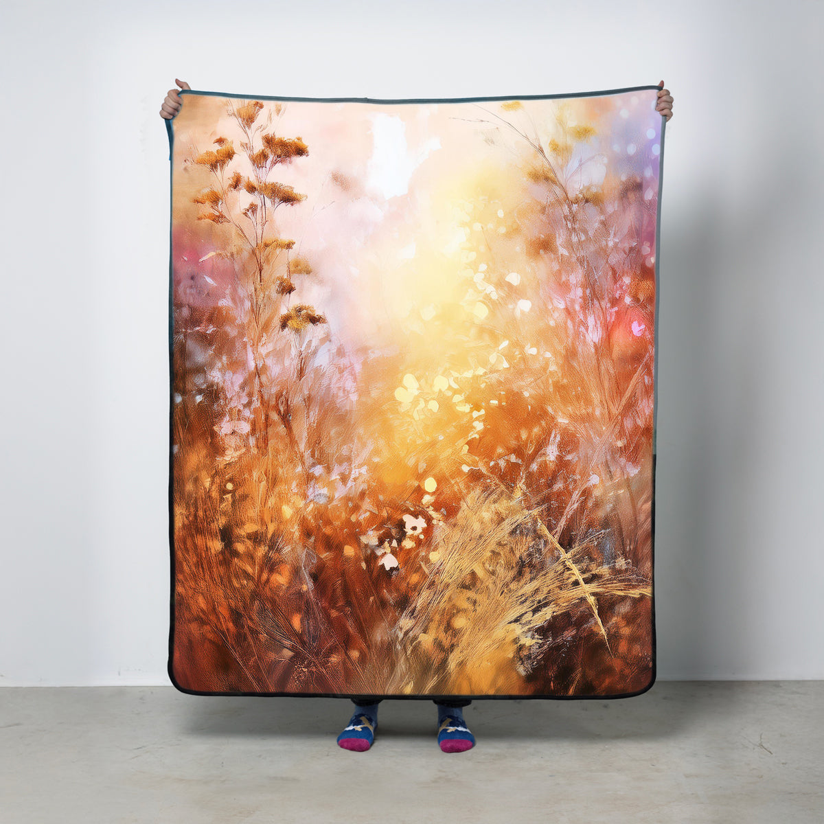Art blanket with warm colors and nature-inspired design.
