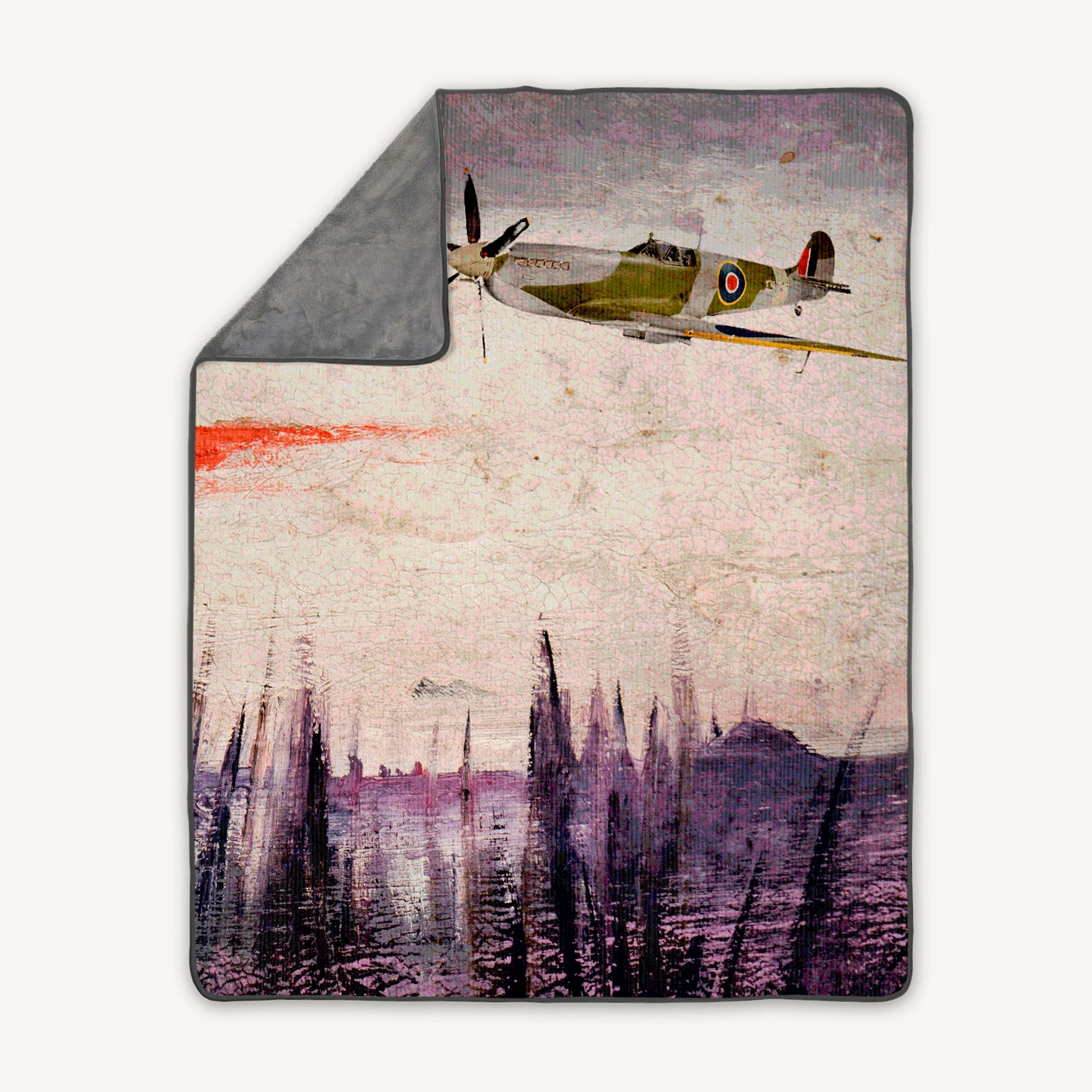 Premium fleece throw blanket WWII warbird Supermarine Spitfire flying over marsh