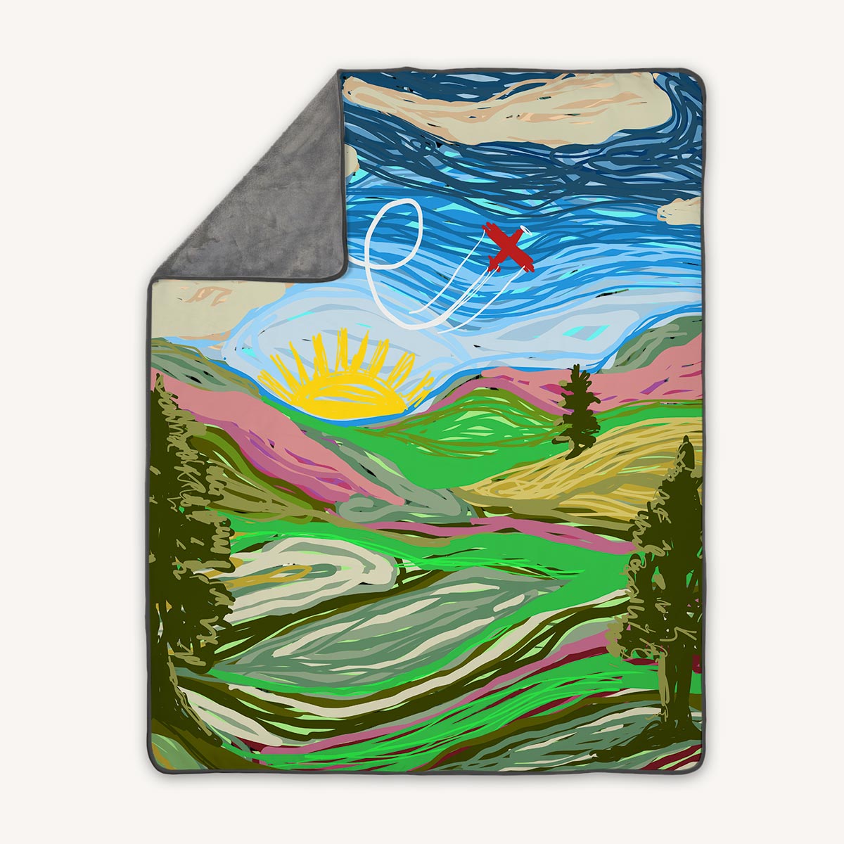 Premium fleece throw blanket with aerobatic airplane sunrise landscape and sky