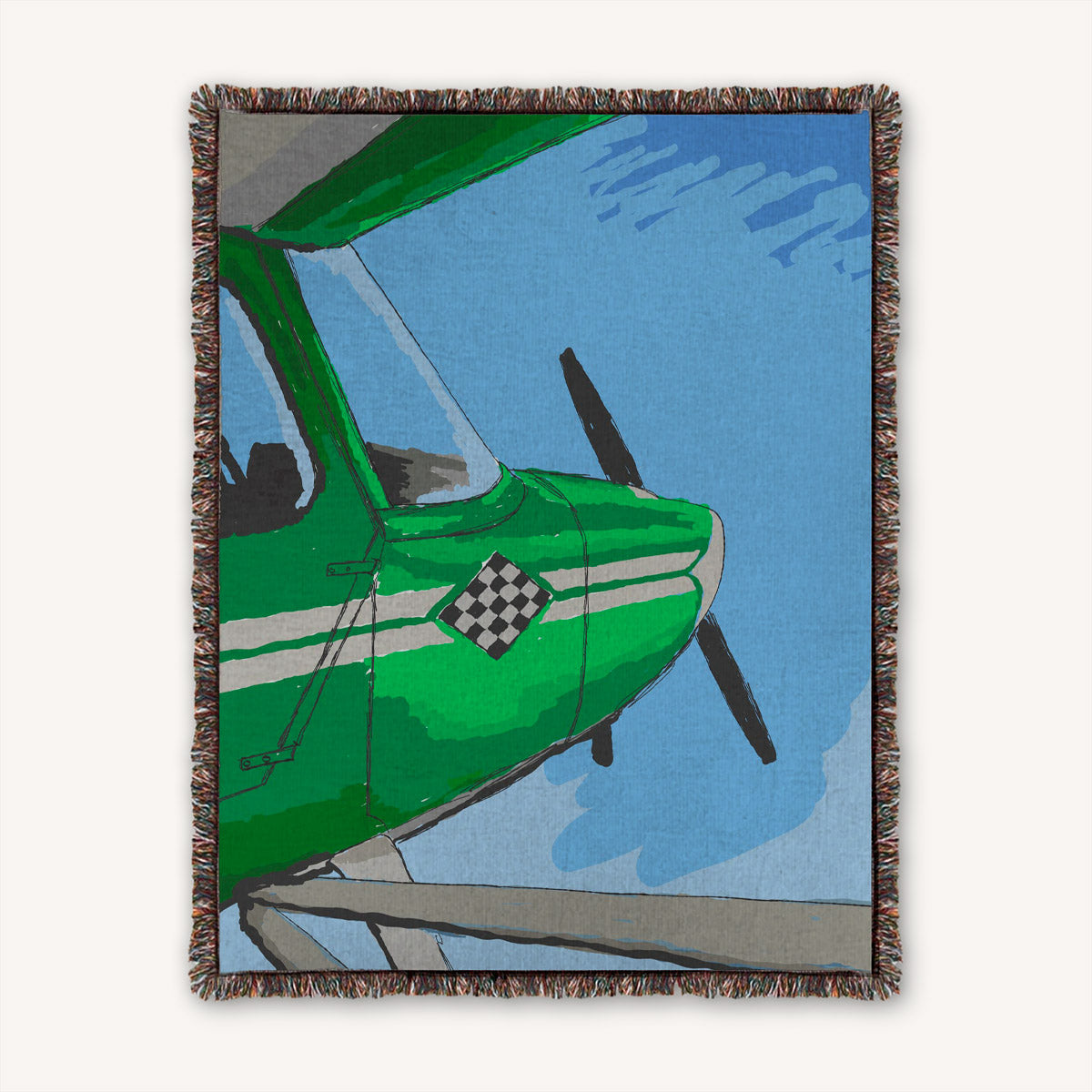 100% cotton woven throw blanket with green citabria airplane