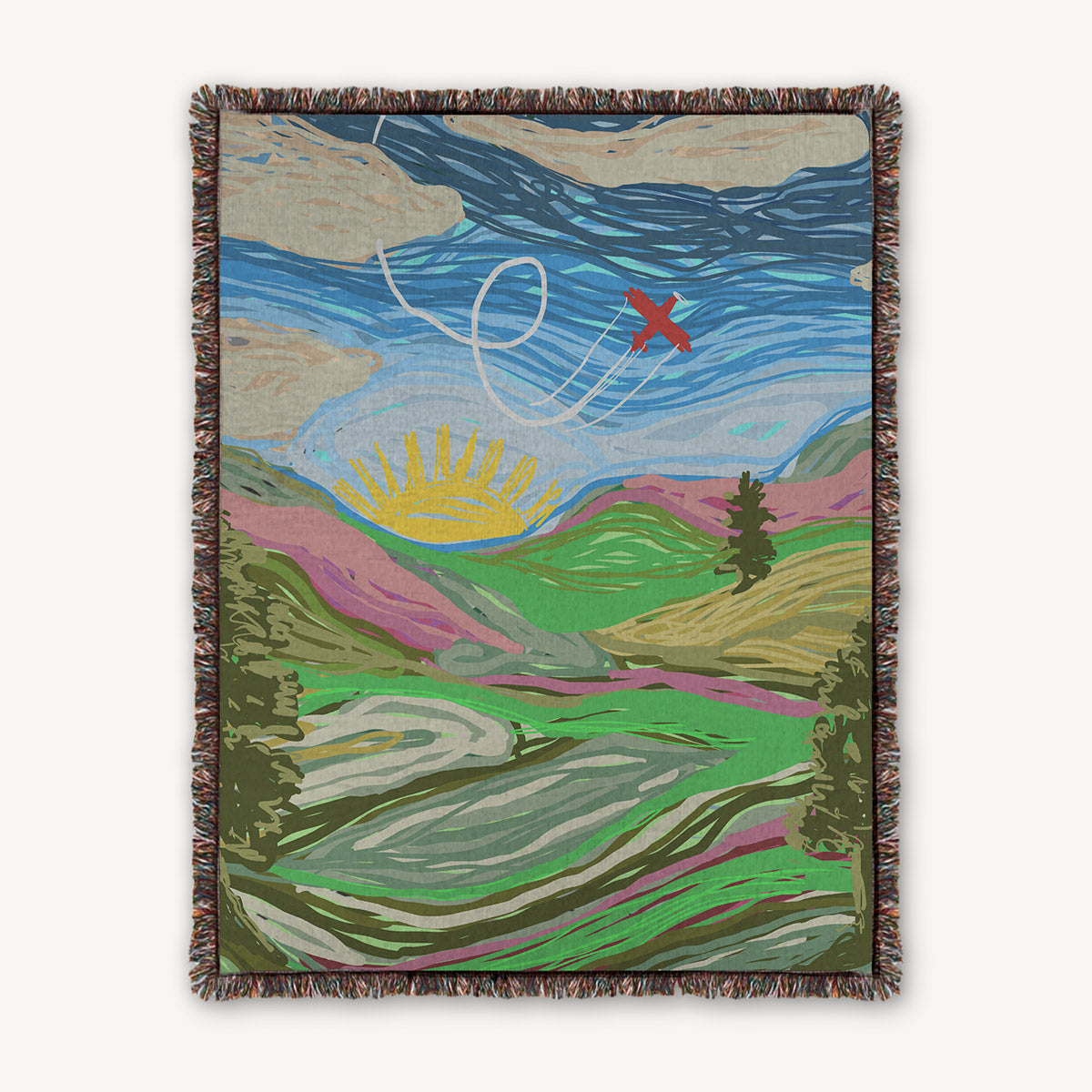 100% Cotton woven throw blanket with aerobatic airplane sunrise landscape and sky