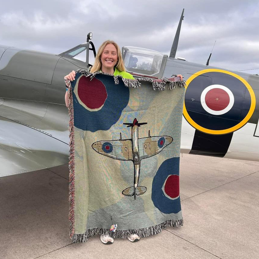 100% Cotton woven throw blanket WWII warbird airplane Supermarine Spitfire