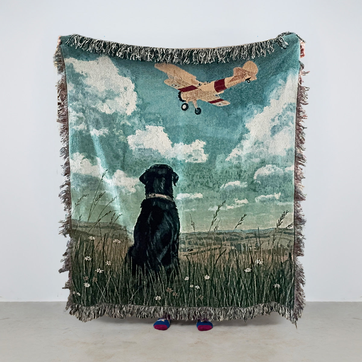 Illustrated woven blanket with a dog and stearman biplane design with a runway and hangar and flowers