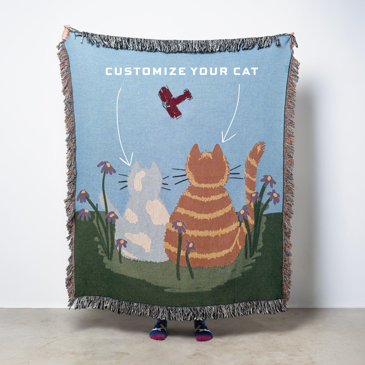 Customizable Woven blanket with cat design