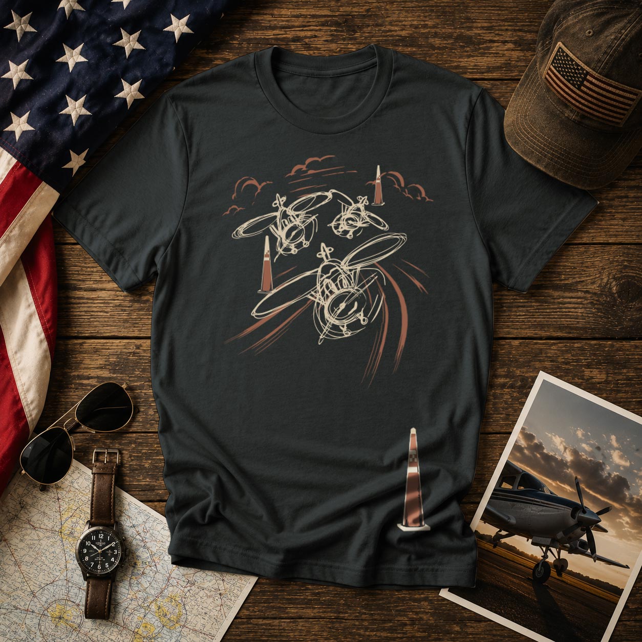 Premium aviation t-shirt with original artwork of three racing airplanes circling air race pylons, designed for pilots and aviation enthusiasts