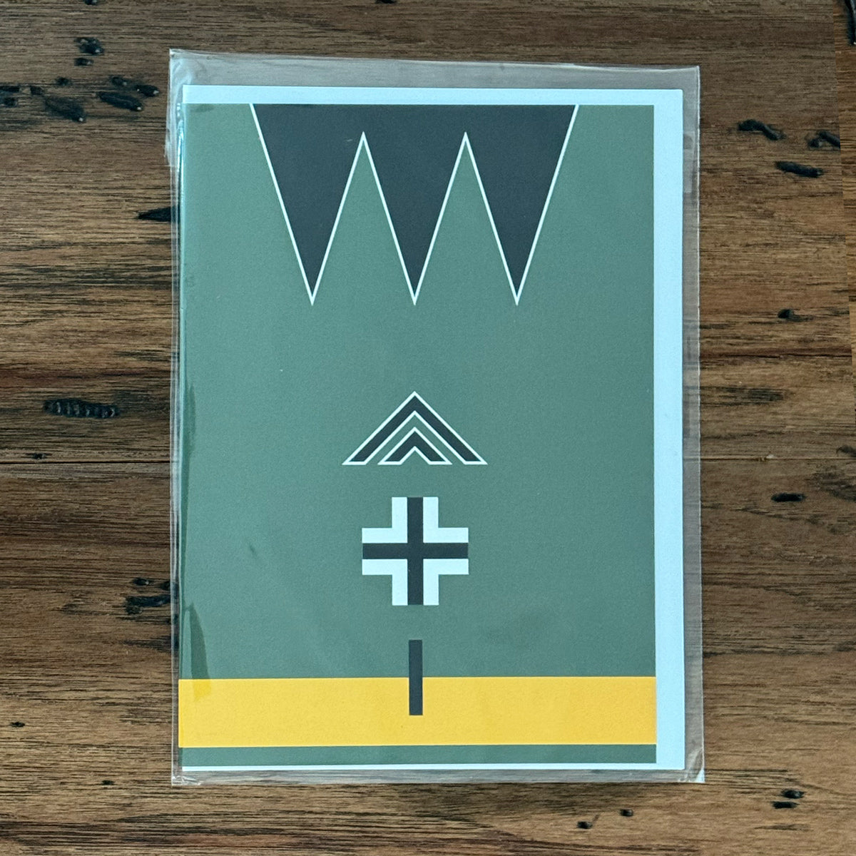 Greeting card with a WWII German Messerschmitt airplane paint scheme on front.