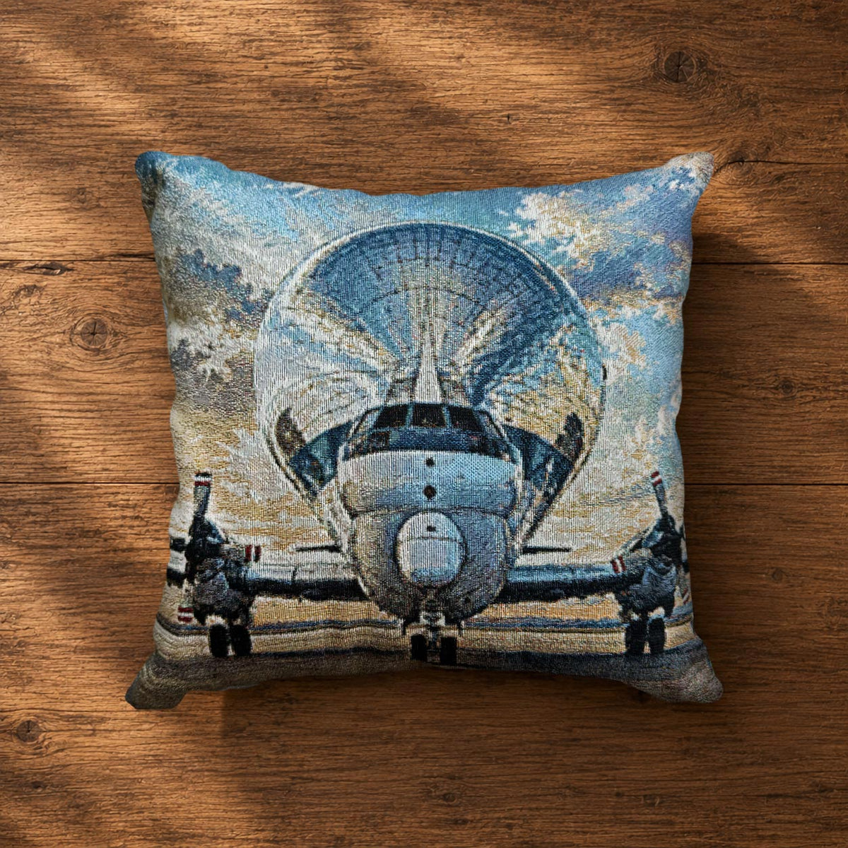 Woven airplane pillow featuring the NASA Super Guppy oversized cargo aircraft, known for transporting large aerospace components and celebrated for its unique design and aviation history.