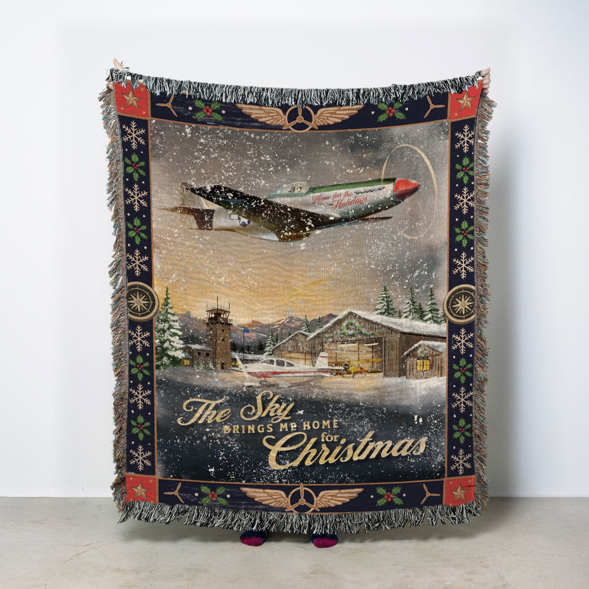 Custom airplane Christmas blanket personalized with a name or message, creating a one-of-a-kind holiday gift for aviation enthusiasts.