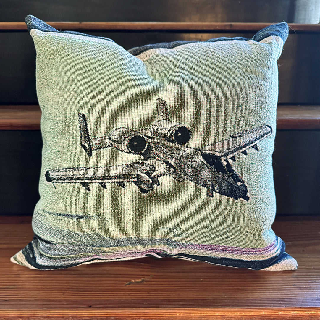 Decorative pillow with illustrated A-10 Warthog airplane