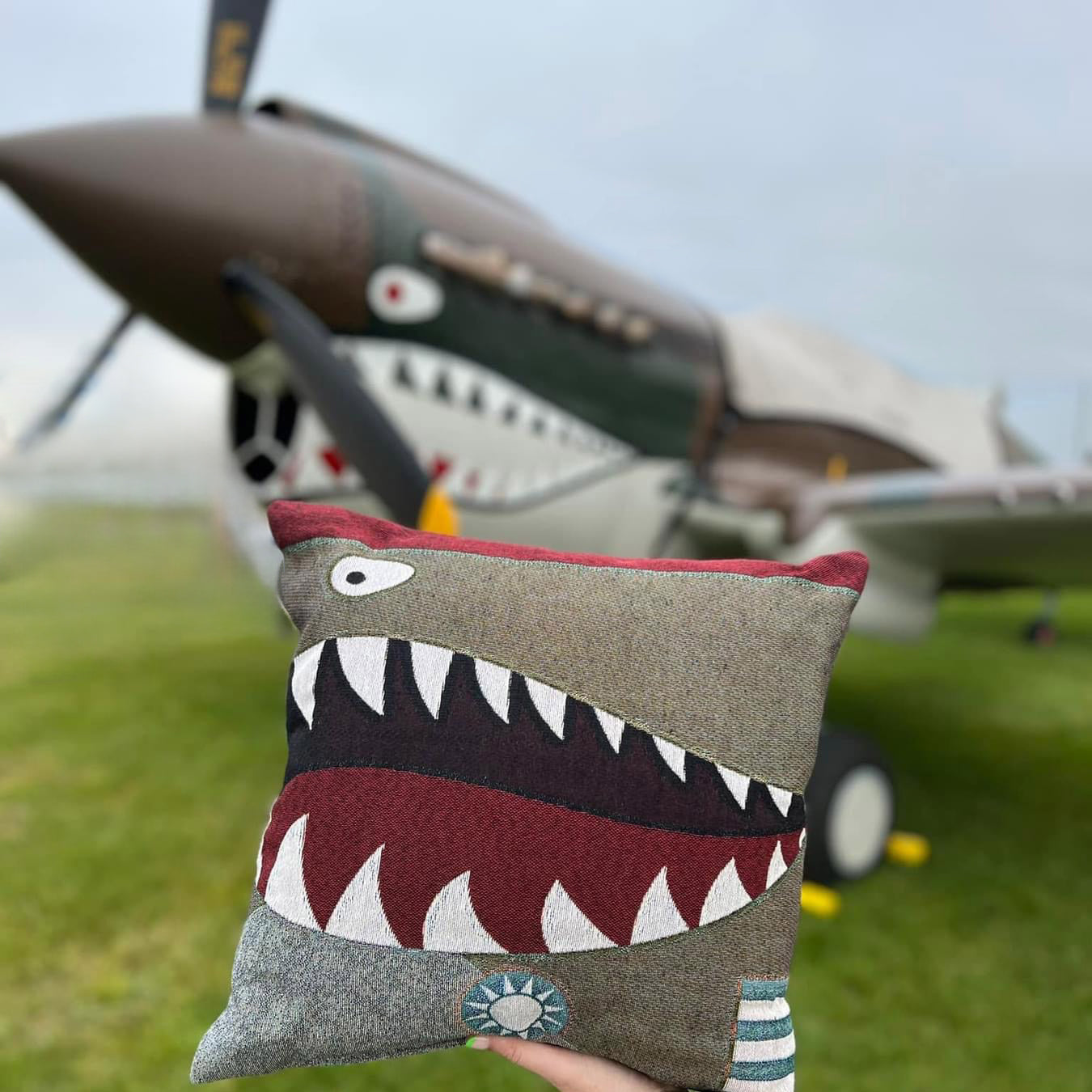 Woven pillow WWII P-40 vintage airplane