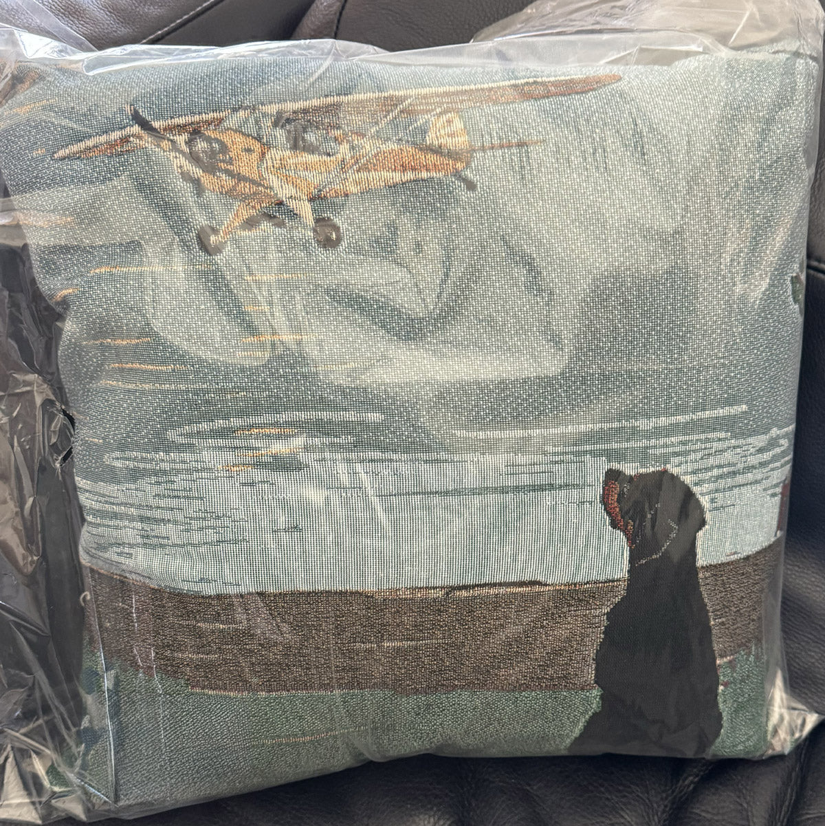 Woven throw pillow dog and airplane