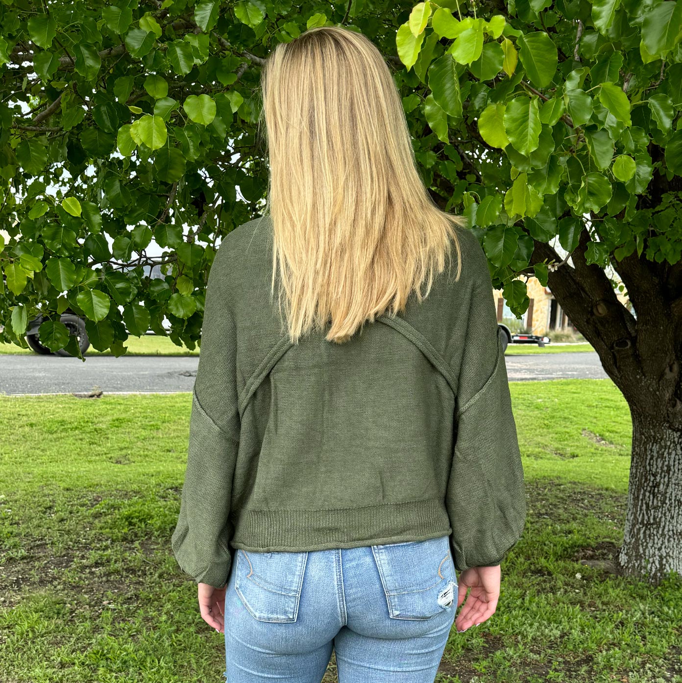 POL Ladies long sleeve green sweater with balloon sleeves