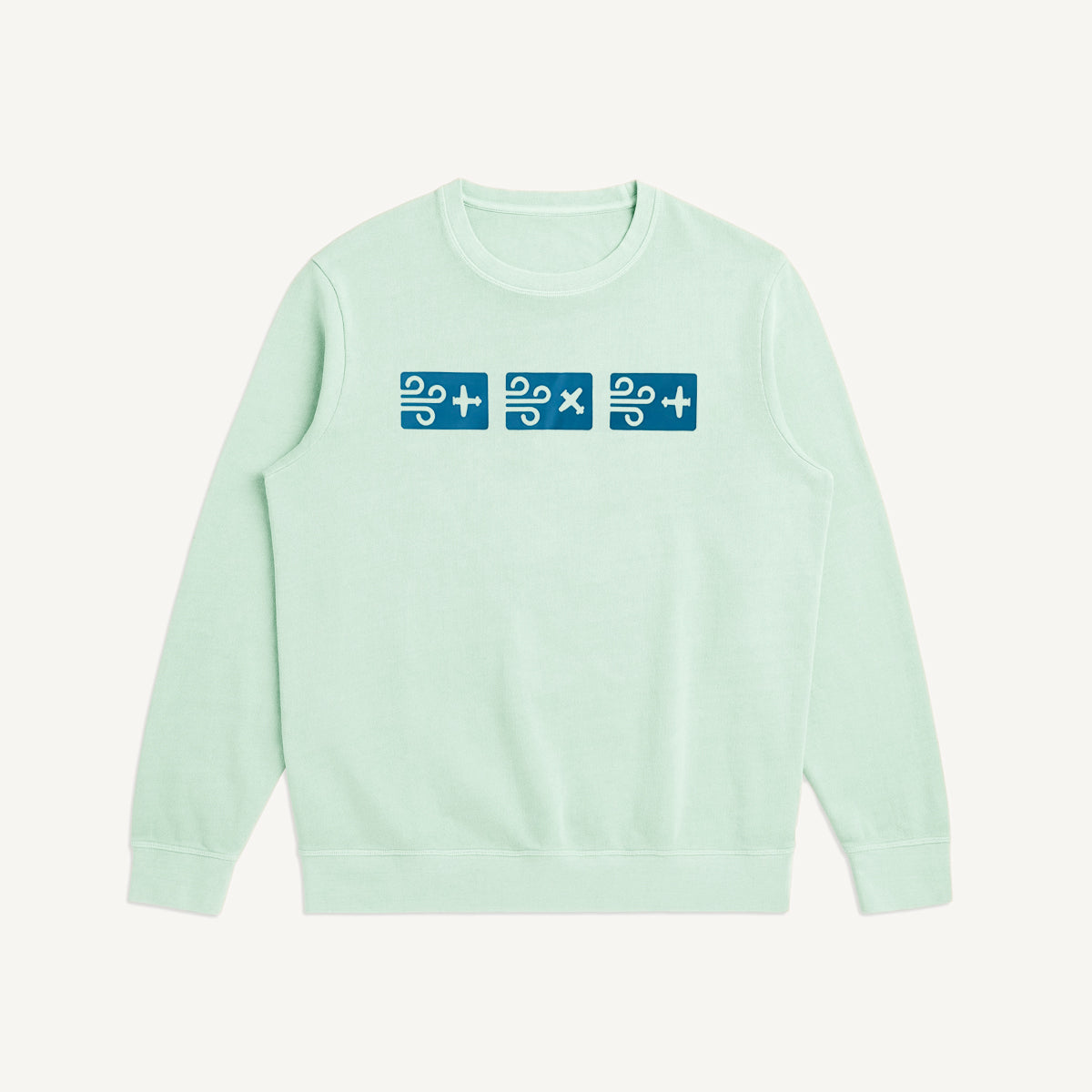 Light gray green sweatshirt with blue graphic