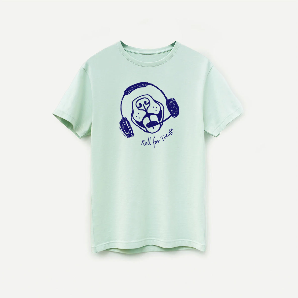Light green gray t-shirt with a dog wearing headphones graphic and text