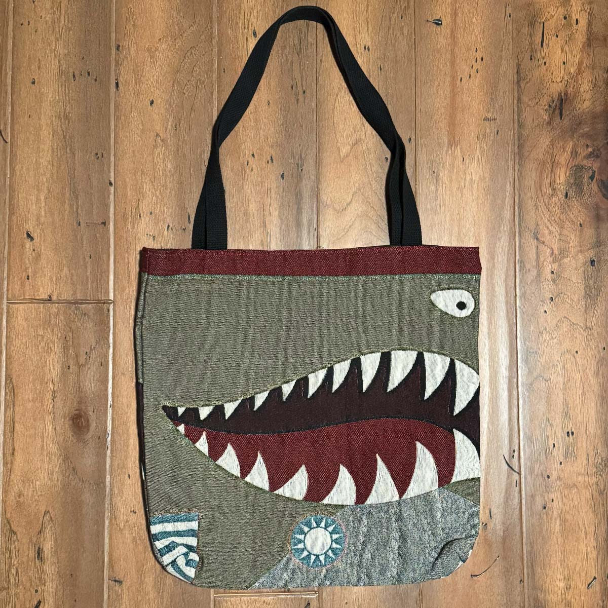 Woven tote with WWII warbird P-40 flying tigers shark mouth