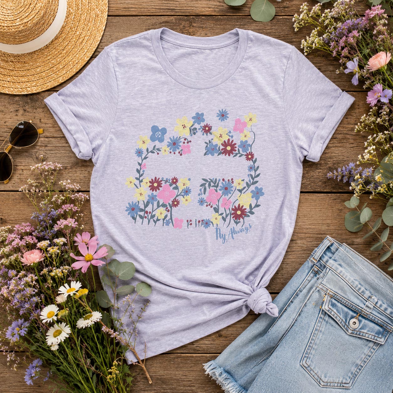 Lilac t-shirt with floral airplane design and text on a wooden surface with flowers and jean shorts.