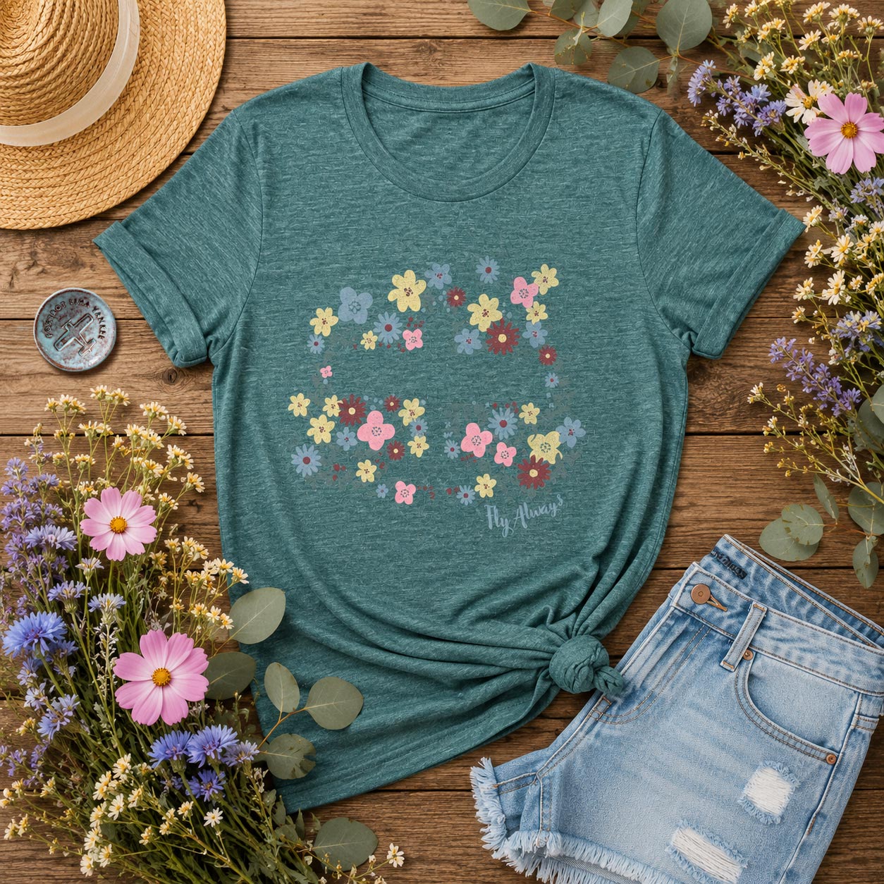 Teal t-shirt with floral airplane design on a wooden surface with flowers and shorts and a ring dish.