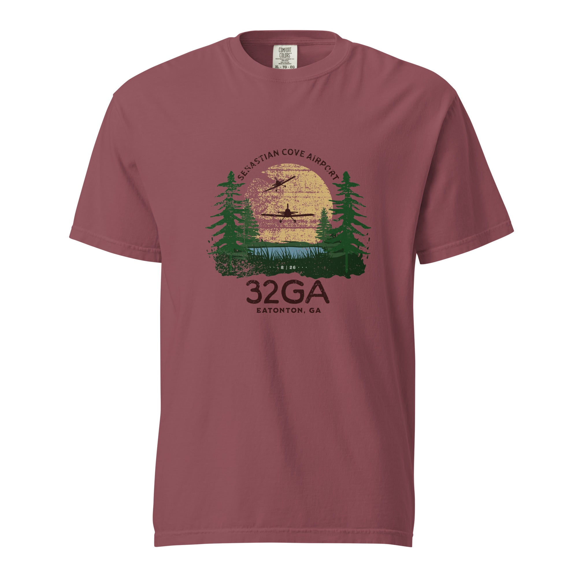 unisex t-shirt comfort colors 32GA airport eatonton georgia with RV8 airplane landing in sunset