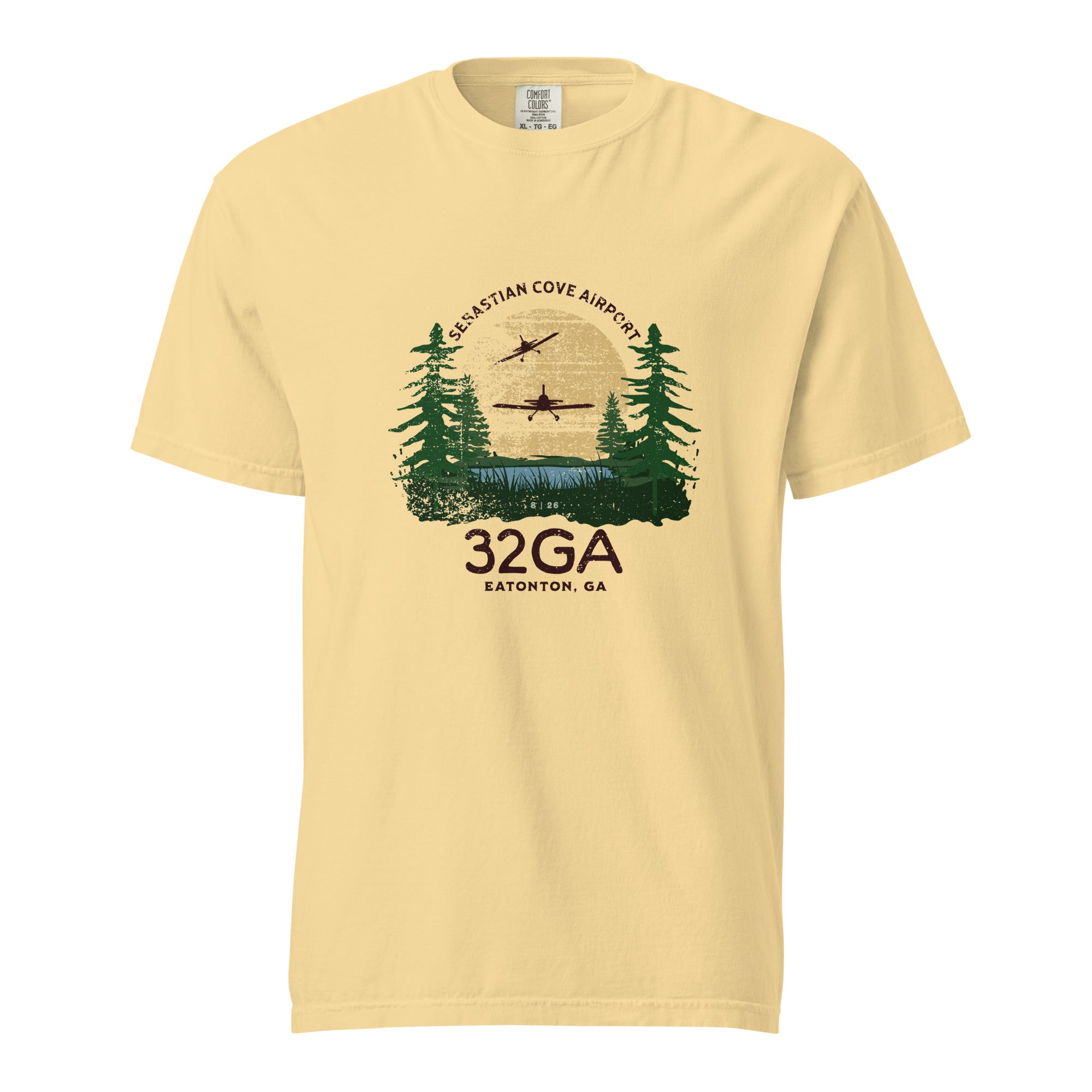 unisex t-shirt comfort colors 32GA airport eatonton georgia with RV8 airplane landing in sunset