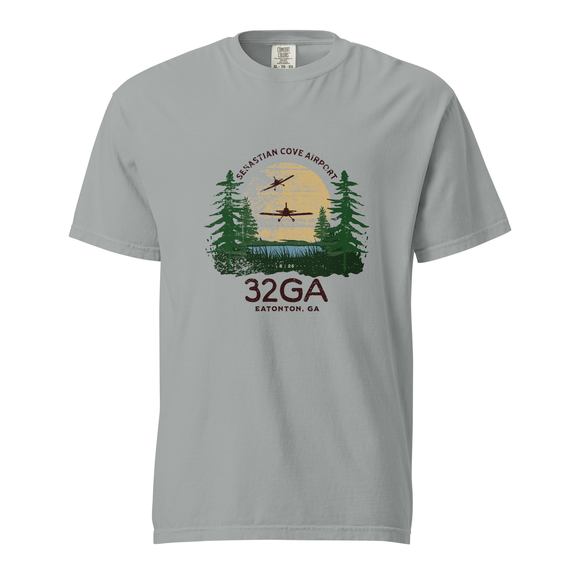 unisex t-shirt comfort colors 32GA airport eatonton georgia with RV8 airplane landing in sunset