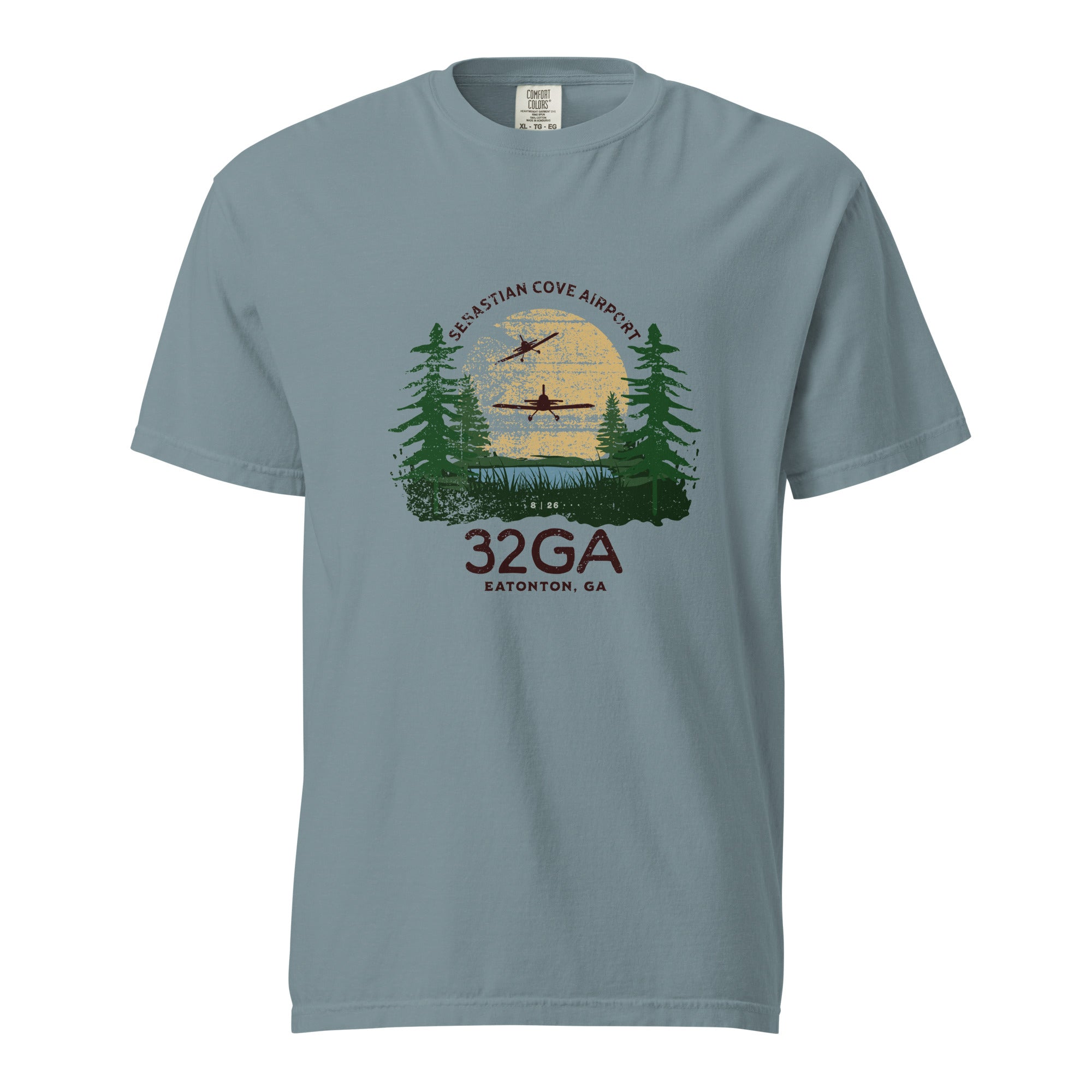 unisex t-shirt comfort colors 32GA airport eatonton georgia with RV8 airplane landing in sunset