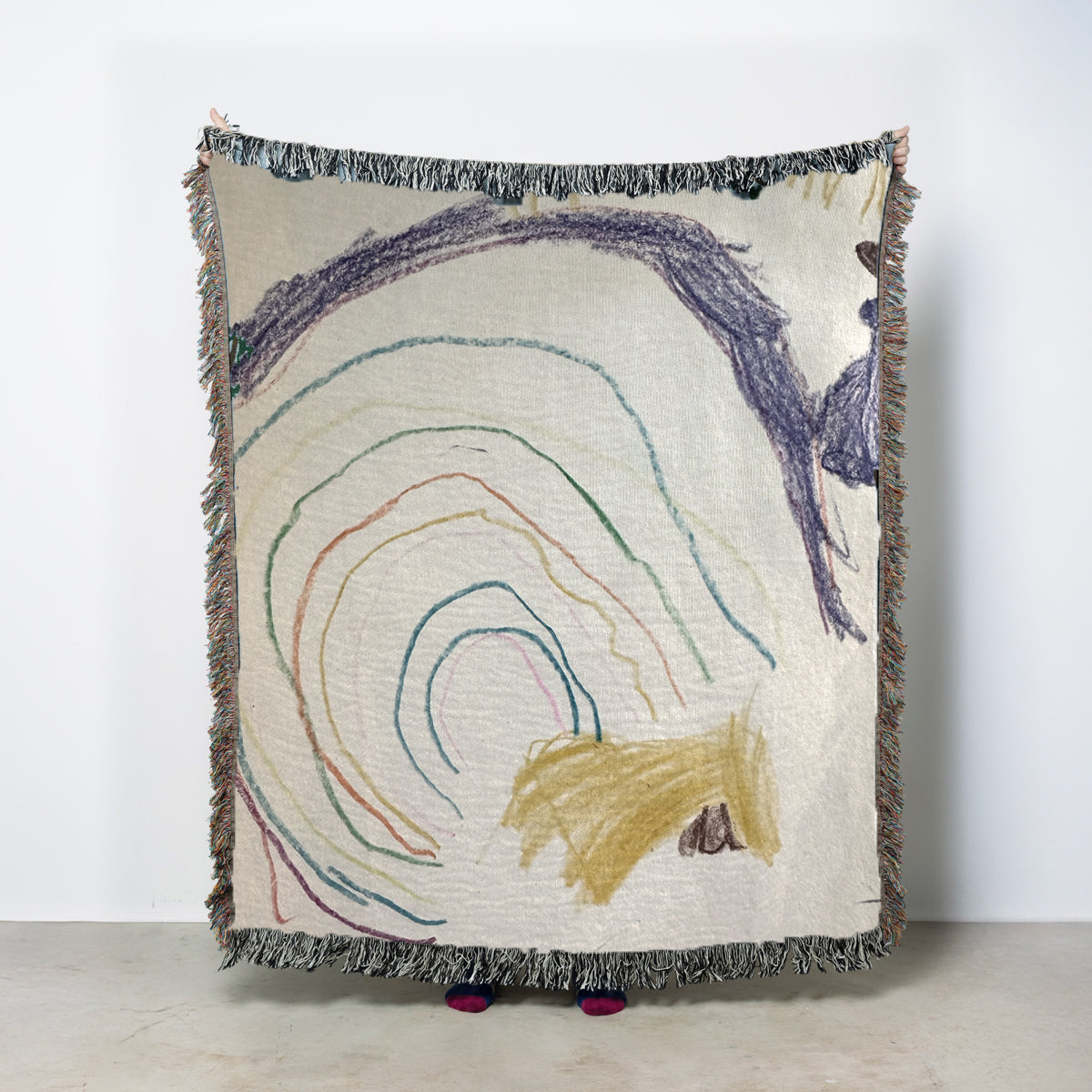 Woven blanket with a child's rainbow drawing - add your own child's artwork