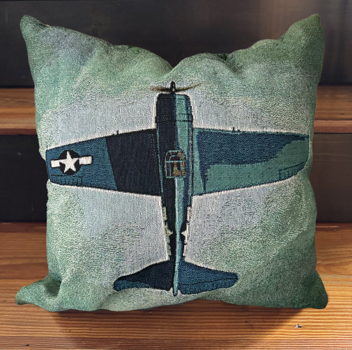 Woven pillow with a F6F Grumman Hellcat overhead view